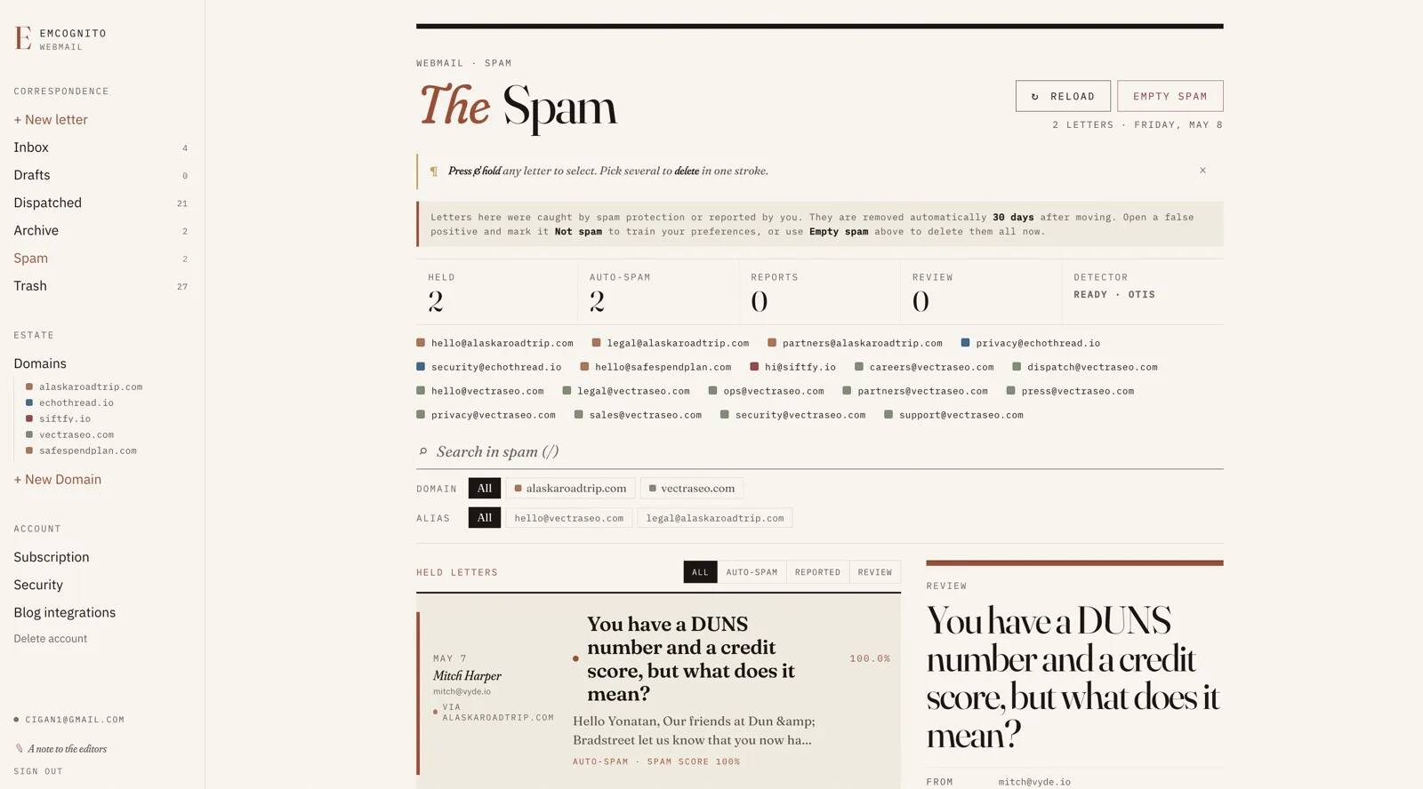 Spam review screen showing held messages, domain filters, and a detailed spam review pane.